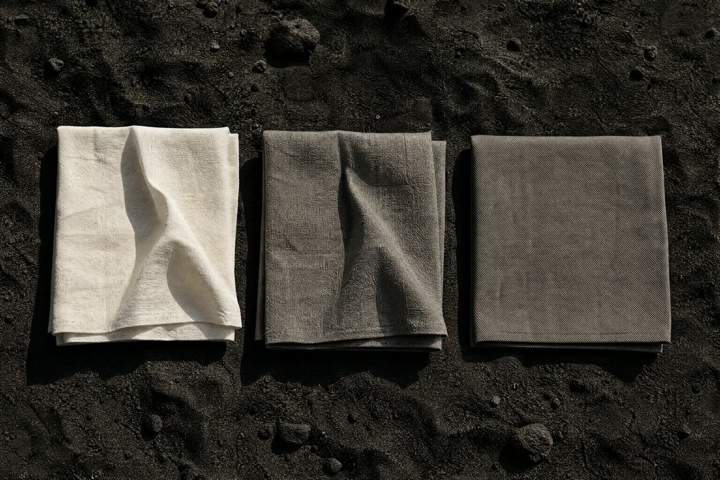 Three squares of cloth photographed after being folded once and released: pure linen holding a sharp fold, a linen-cotton blend holding a softer one, and a cotton twill almost flat again.